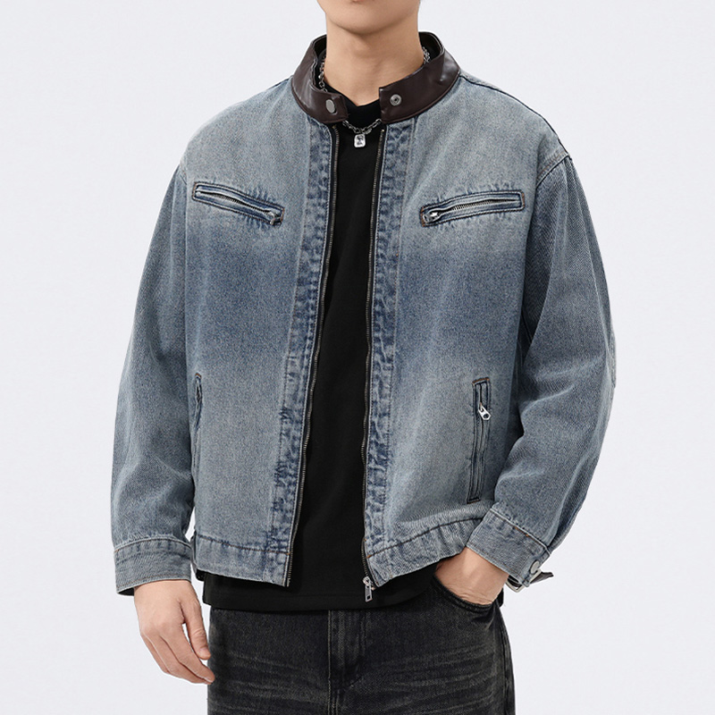 Motorcycle Gear Jeans - スタンドレザーカラーデニムジャケット男性ファッションヴィンテージルーズカジュアルウォッシュコットンジーンズオートバイジャケット男性春秋コート