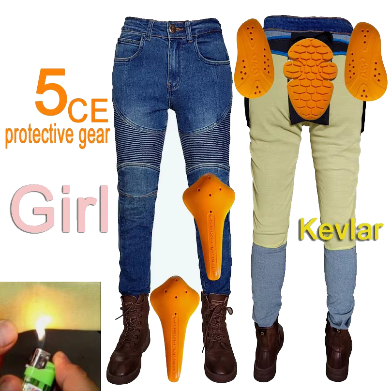 Motorcycle Gear Jeans - 女性用バイクジーンズ ケブラー製モトパンツ 保護装備 ライディング ツーリング ブルー