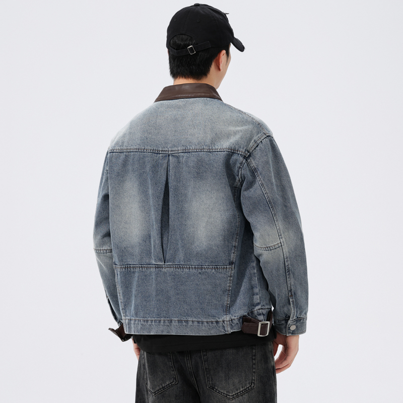 スタンドレザーカラーデニムジャケット男性ファッションヴィンテ - Motorcycle Gear Jeans のレビューと価格
